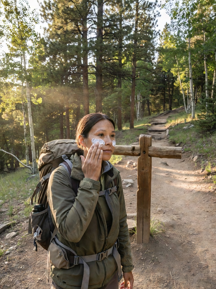 Hiker spreading sunscreen across an exposed cheek before beginning a sunny walk