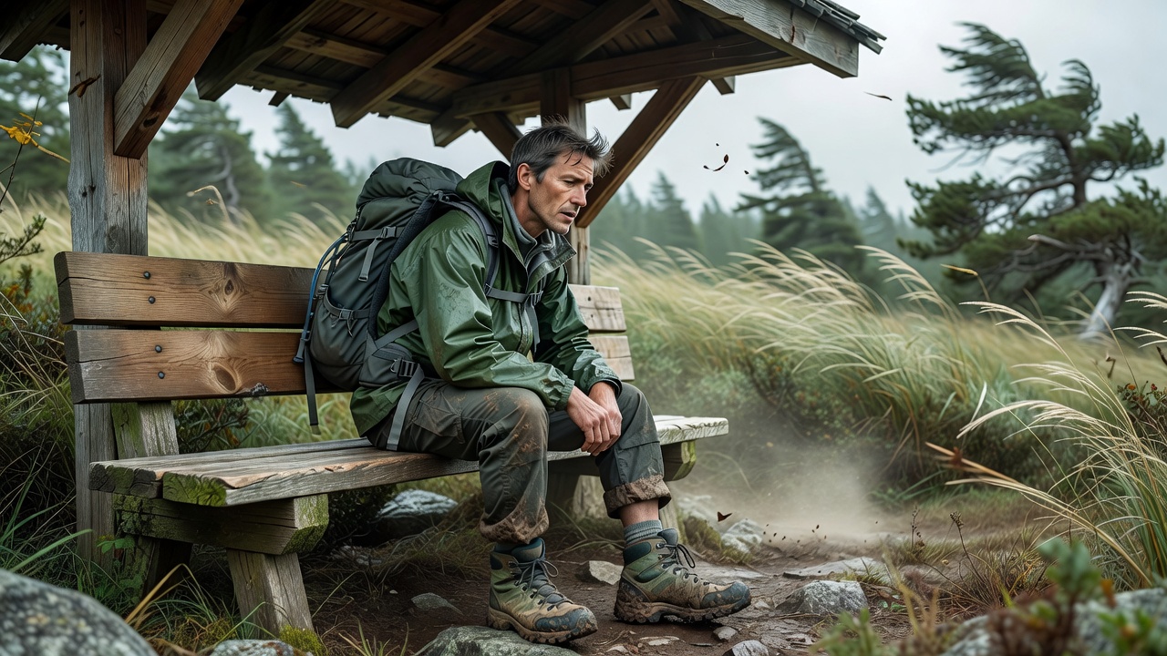 Adult hiker resting on a sheltered wooden bench after a windy outdoor walk
