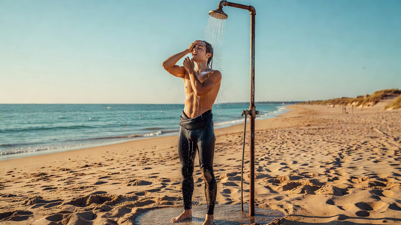 Surfer using fresh water to rinse salt from their face at a beach shower